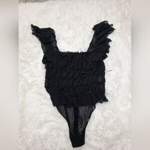 Free People- Black Sheer Thong Bodysuit W/ Ruffled Bodice & Sleeve. NWT! Size M